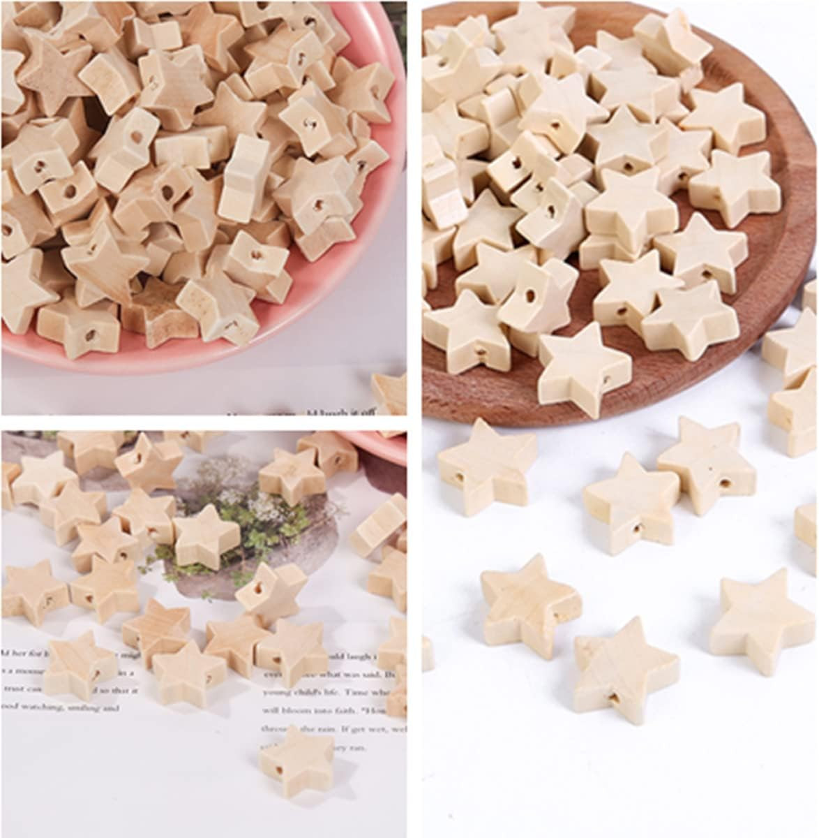 50Pcs Unfinished Natural Wooden Five-Pointed Star Beads, Natural Star Shaped Spa