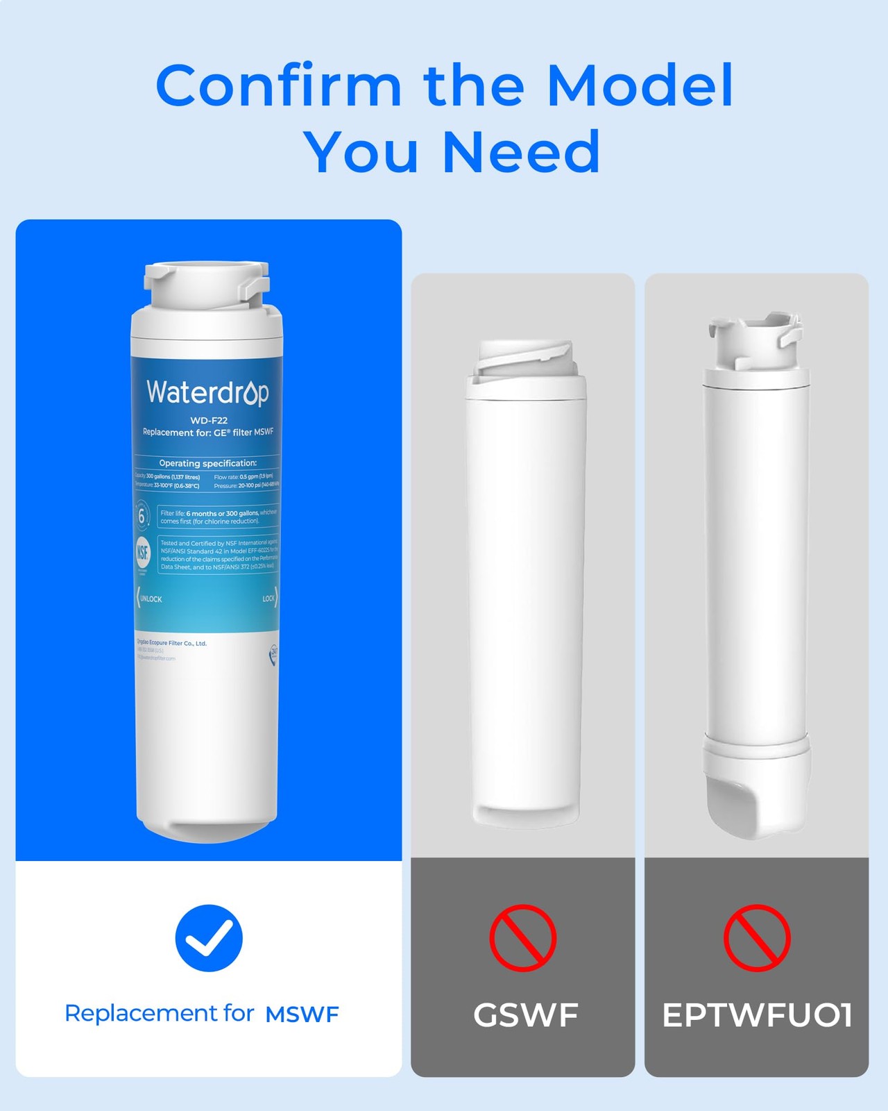 Waterdrop MSWF Refrigerator Water Filter Replacement for GE MSWF, 101820A, 101