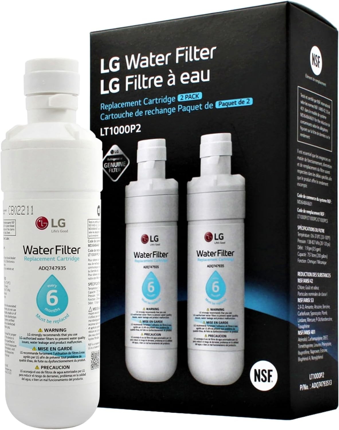 LG LT1000P2 6-Month / 200 Gallon Refrigerator Replacement Water Filter, Reduces