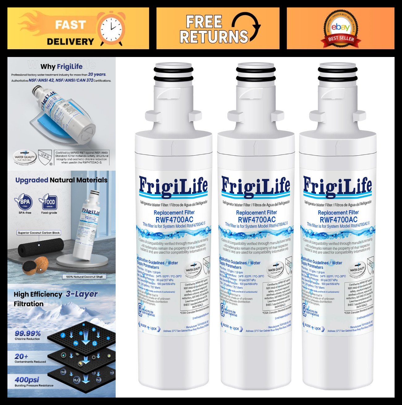 Replacement Refrigerator Water Filter 3-Pack for LG Kenmore LT1000P 9980 RWF4700
