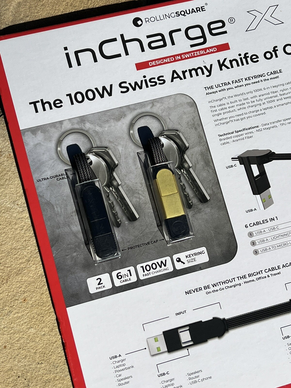 inChargeX – 2 Pack 100 Watt Swiss Army Knife Of Cables Key ring Cable 6 In 1