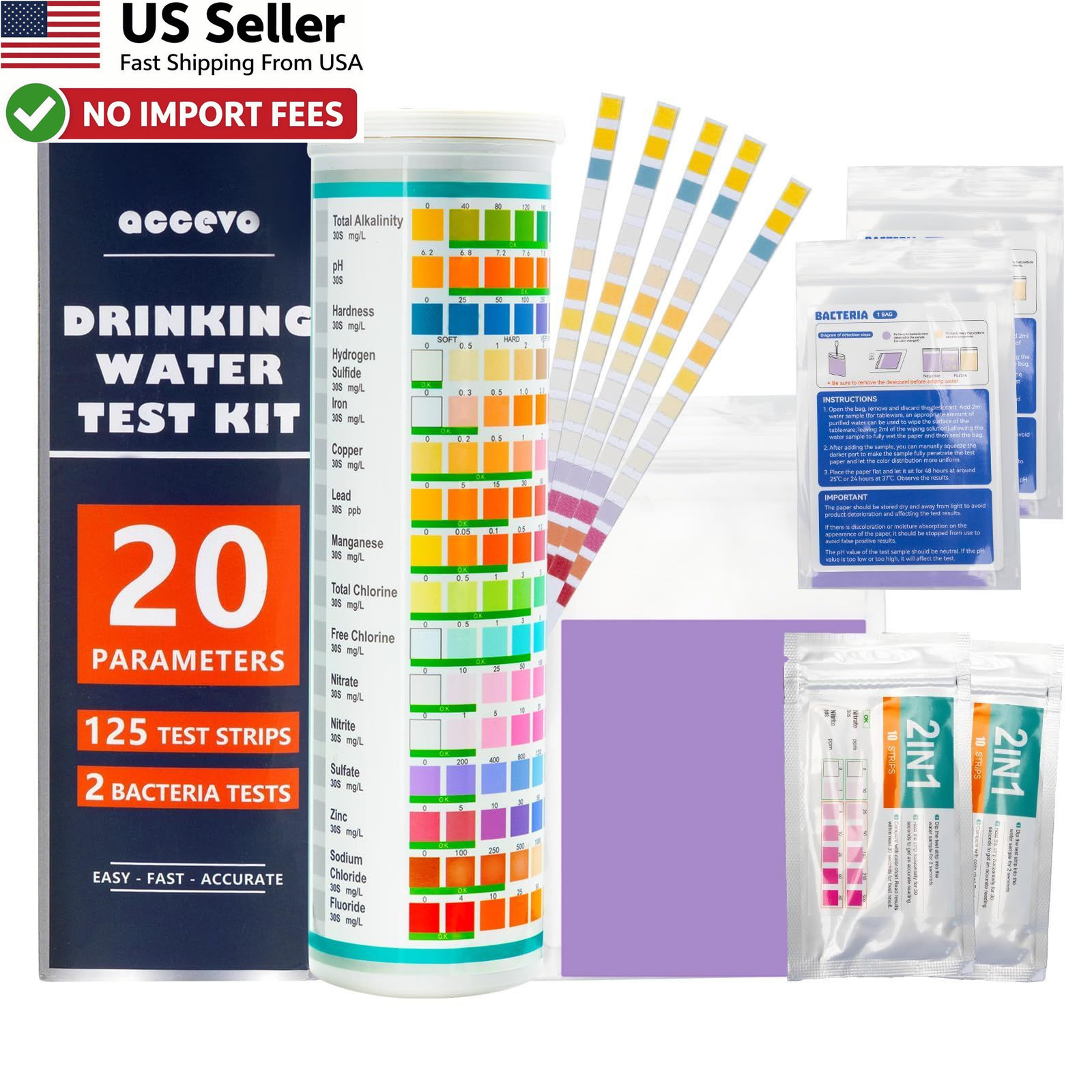 Accevo 20 in 1 Water Test Kit 125 Strips Lead Chlorine Hardness Iron FROM USA